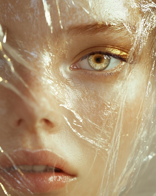 Closeup photo of a Woman Face Wrapped in Plastic in the Style of Magazine Cover