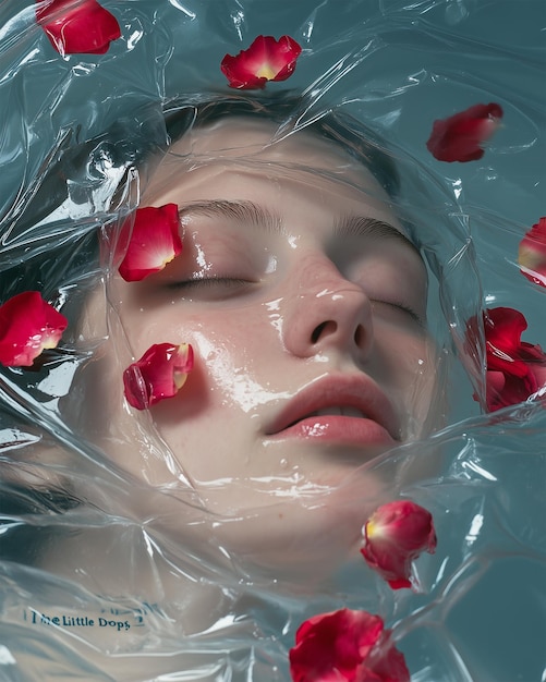 Closeup photo of a Woman Face Wrapped in Plastic in the Style of Magazine Cover