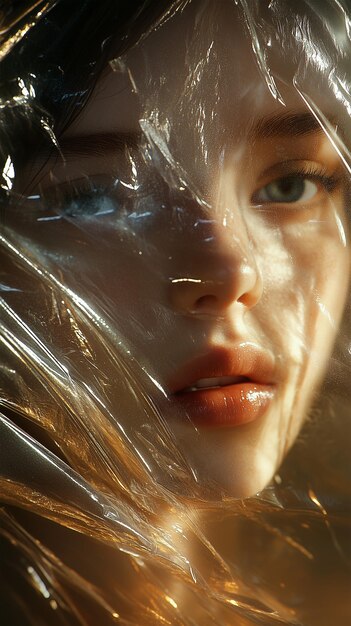 Closeup photo of a Woman Face Wrapped in Plastic in the Style of Magazine Cover