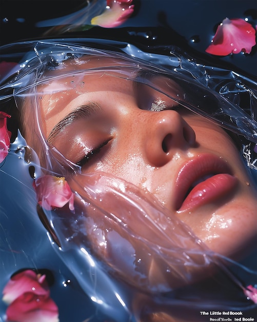 Closeup photo of a Woman Face Wrapped in Plastic in the Style of Magazine Cover