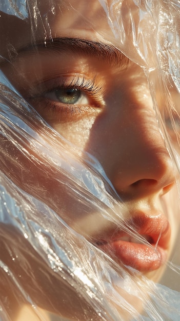 Closeup photo of a Woman Face Wrapped in Plastic in the Style of Magazine Cover