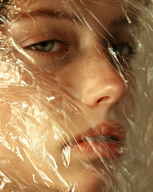 Closeup photo of a Woman Face Wrapped in Plastic in the Style of Magazine Cover