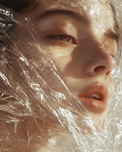 Photo closeup photo of a woman face wrapped in plastic in the style of magazine cover