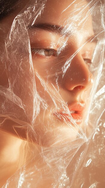 Photo closeup photo of a woman face wrapped in plastic in the style of magazine cover