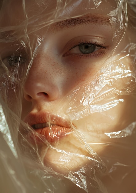 Closeup photo of a Woman Face Wrapped in Plastic in the Style of Magazine Cover