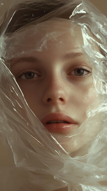 Closeup photo of a Woman Face Wrapped in Plastic in the Style of Magazine Cover