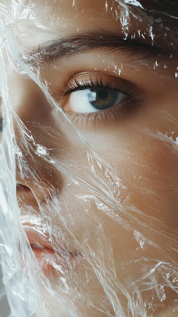 Photo closeup photo of a woman face wrapped in plastic in the style of magazine cover