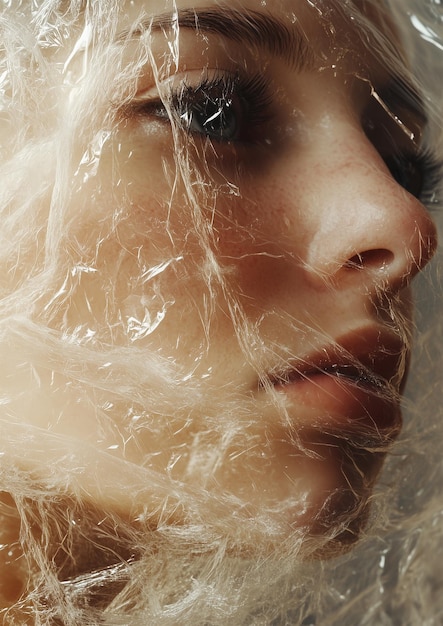 Photo closeup photo of a woman face wrapped in plastic in the style of magazine cover