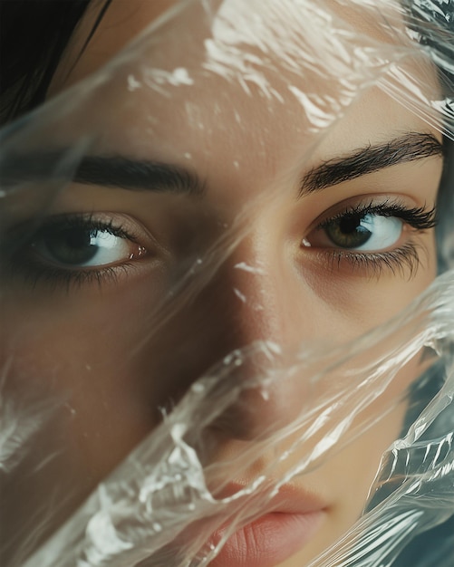 Closeup photo of a Woman Face Wrapped in Plastic in the Style of Magazine Cover