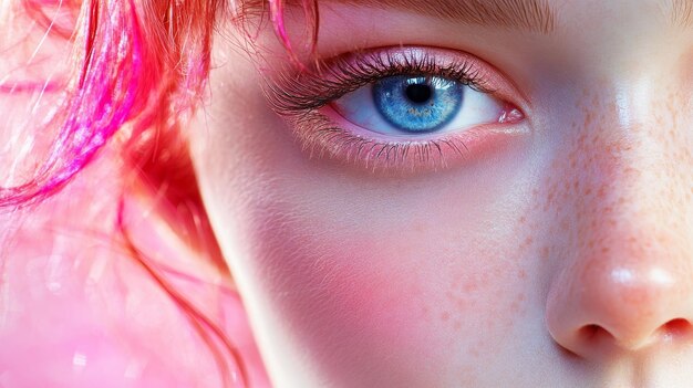 Photo a closeup photo of a womans eye with pink hair showcasing beauty innocence and youthfulnes