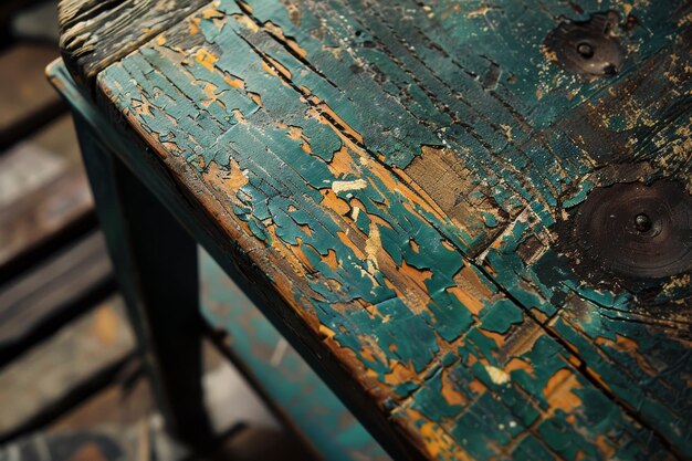 Photo a closeup photo of a wooden surface with peeling green paint revealing the natural wood underneath distressed and worndown patina