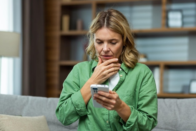 Closeup photo worried senior woman mother sitting on sofa at home and holding phone worries about