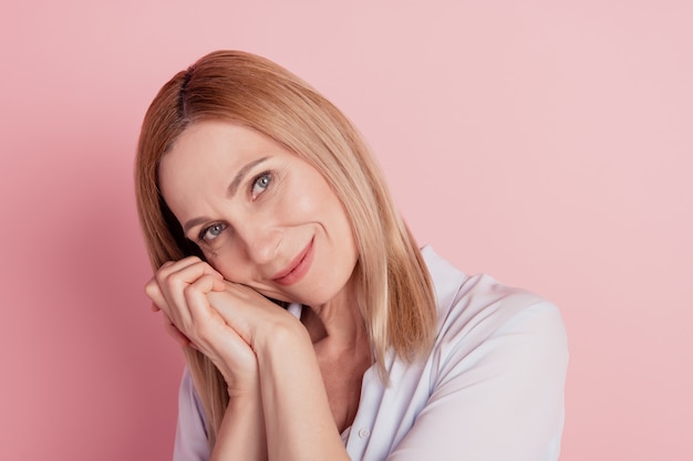 Closeup photo of young attractive pretty lovely woman lady hand touch cheek isolated pastel color background