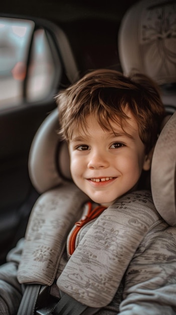 A closeup photo of a young boy smiling brightly while secured in a car seat