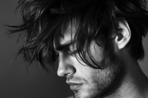 Closeup photo of a young mans disheveled bedhead hairstyle with detailed texture