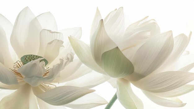 A closeup photograph capturing the delicate beauty of two white lotus flowers in full bloom their petals gently unfurling against a soft white background