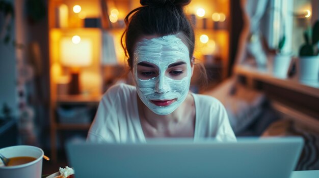 A closeup photograph capturing the morning routine of a young woman with a cosmetic facial mask