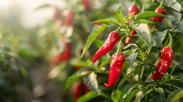 Photo closeup photograph of cayenne peppers on a bush in a spicy pepper garden no text chaos