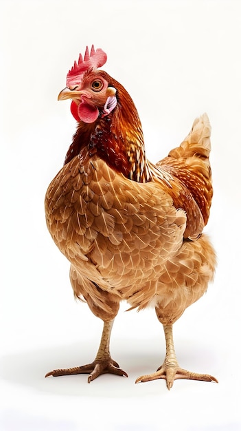 Closeup Photograph of a Chicken Pecking on a Plain White Background