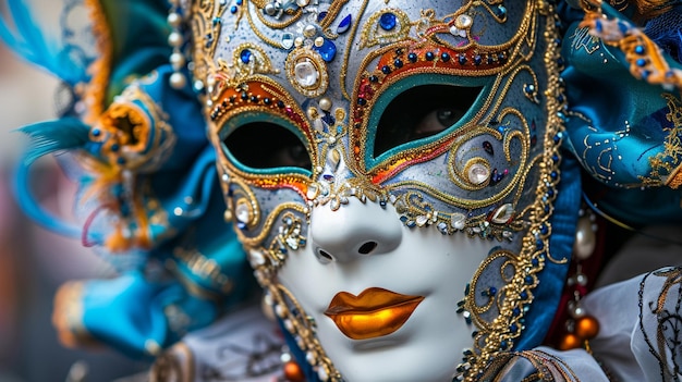 A closeup photograph of an elaborate Venetian mask adorned with intricate details and vibrant color