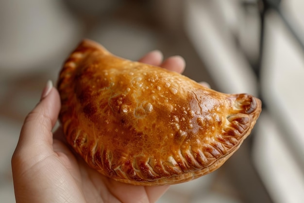 Photo closeup photograph of a hand holding a freshly baked empanada pastry delicious savory latin american snack or appetizer dish