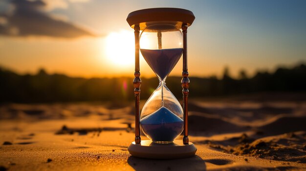 A closeup photograph of an hourglass place on ocean sand in a sunset background