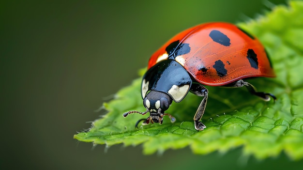 A closeup photograph of a ladybug on a green leaf The ladybug is red with black spots and has its wings closed