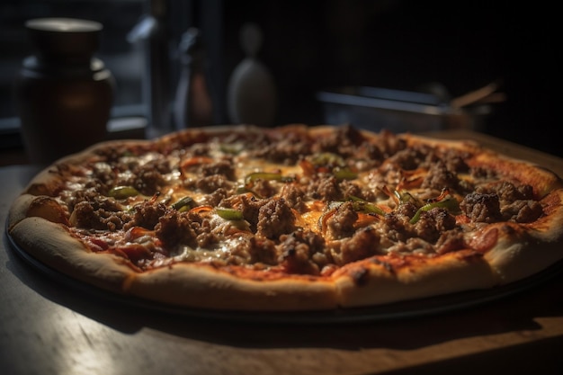 A closeup photograph of a meat lover's pizza slice highlighting its variety of meat toppings