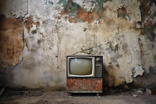 Closeup photograph of old crt tv in front of old wall