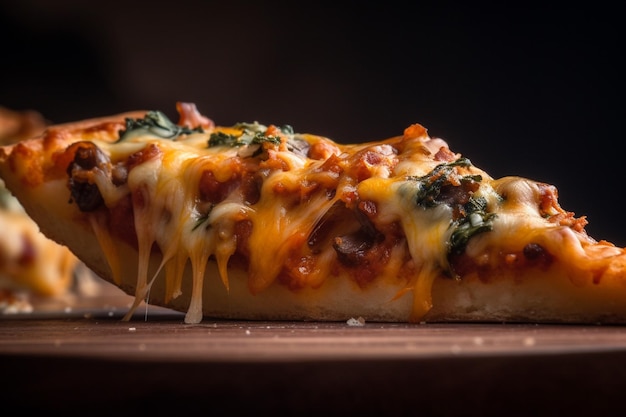 A closeup photograph of a pizza slice with oozing and appetizing toppings