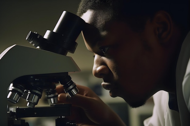 A closeup photograph of a scientist looking through a microscope Generative ai