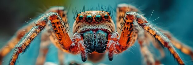 A closeup photograph showcasing the intricate details of a jumping spider Its hairy body mul