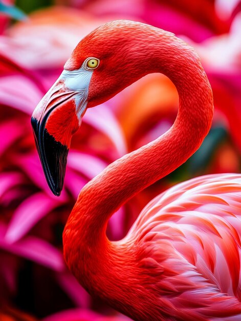 A closeup photograph showcasing the vibrant pink feathers of a flamingo its long neck curved