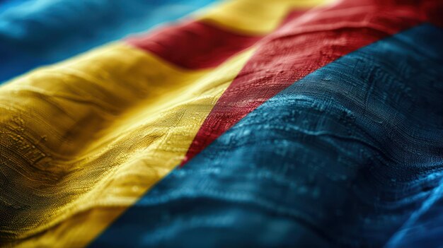 Closeup Photograph of a Vibrant and Colorful Fabric with Blue Yellow and Red Stripes Creating an