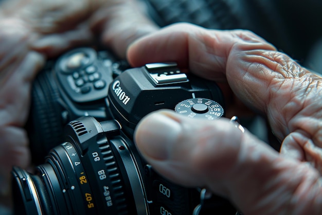 Photo closeup of photographer adjusting camera settings