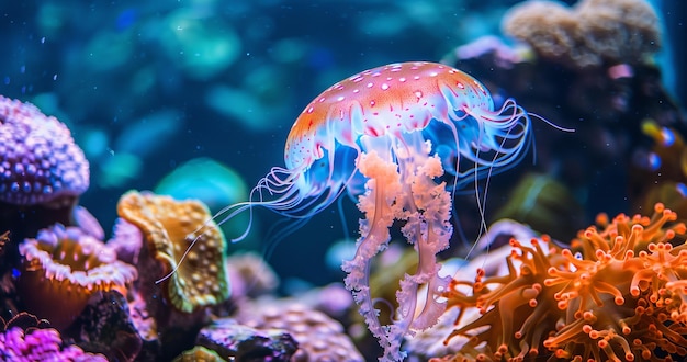 closeup photography of a big jellyfish and colorful coral around it under sea