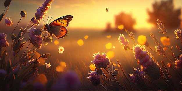 Closeup photography of butterfly and garden flowers at sunset made with generative AI