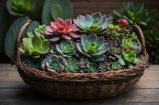 Closeup Photography of a collection of succulent plants arranged in a charming wicker basket