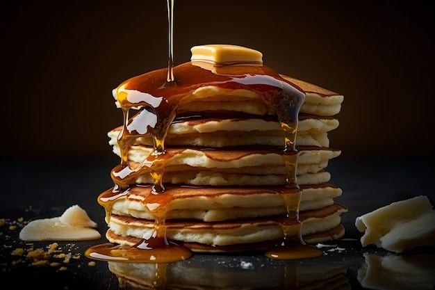 CloseUp Photography of Pancake Stack with Butter and Maple Syrup Generative AI