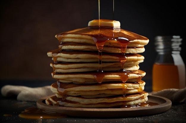 CloseUp Photography of Pancake Stack with Butter and Maple Syrup Generative AI