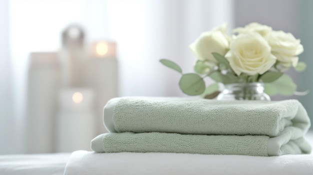 Closeup Photography of Spa with White and Sage Towel AI Generated