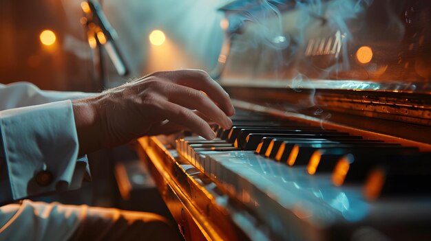 Photo closeup of pianists hand playing with smoke and lights in the background