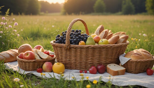 CloseUp of Picnic Basket with Fruits Food Bread and Flowers on a Green Meadow Generated by AI