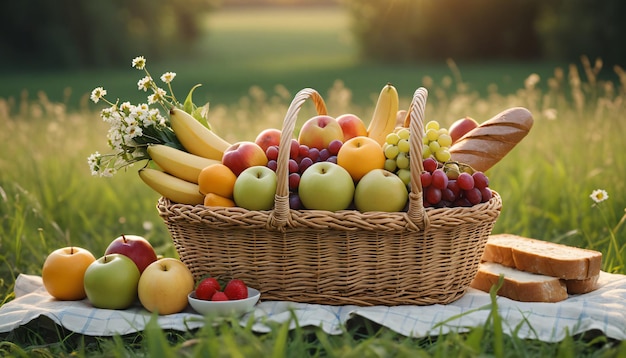 CloseUp of Picnic Basket with Fruits Food Bread and Flowers on a Green Meadow Generated by AI