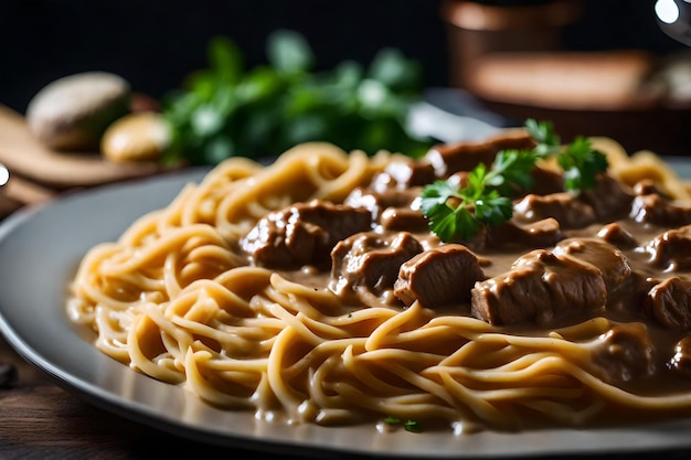 A closeup picture of beef stroganoff with a beautiful blurry background ai generated