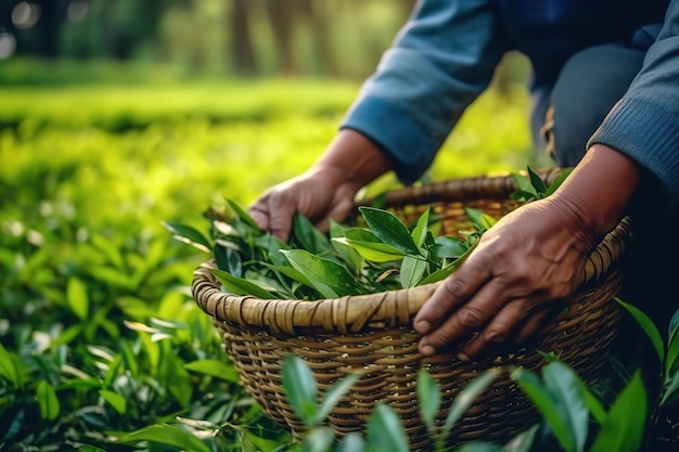 Closeup picture of a farmer's hand picking tea leaf from the tree and put in a bamboo basket at tea