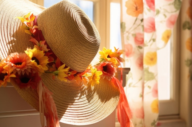 A closeup picture of a straw hat adorned with a vibrant floral scarf hanging on a pegboard a