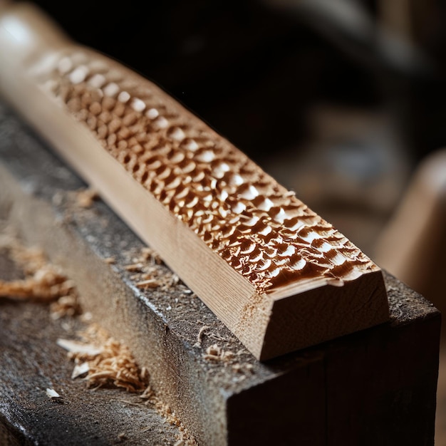 Photo closeup of a piece of wood with intricate carvings on a workbench