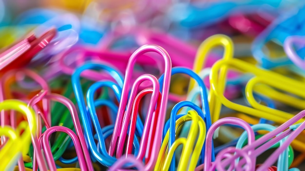 A closeup of a pile of colorful paper clips creating a vibrant and playful abstract