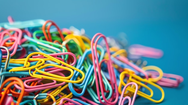 A closeup of a pile of colorful paperclips